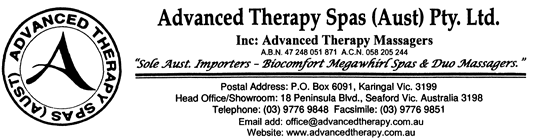 Welcome to Advanced Therapy Spas (Aust) Pty Ltd in Seaford, Melbourne, Victoria, Australia - supplying to Sydney, New South Wales, NSW, Brisbane, Queensland, QLD, Darwin, Northern Territory, NT, Hobart, Tasmania, TAS, Perth, Western Australia, WA, Adelaide, South Australia, SA, Canberra, Australian Capital Territory, ACT, New Zealand, Auckland, Wellington